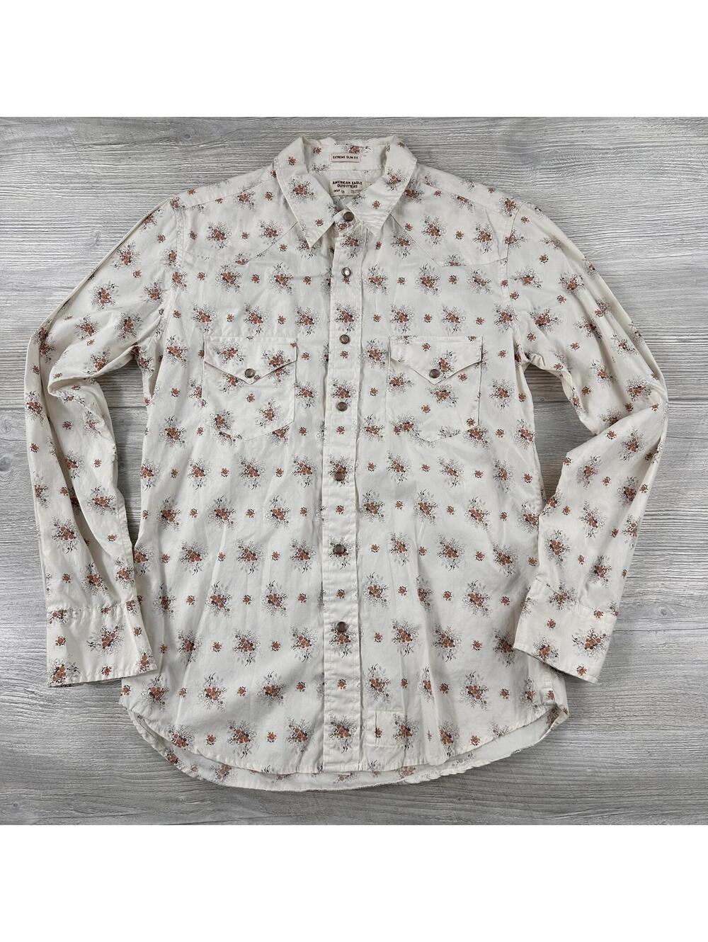 American Eagle Western Shirt Mens Medium Ivory Floral AOP Retro Pearl Snap Fall